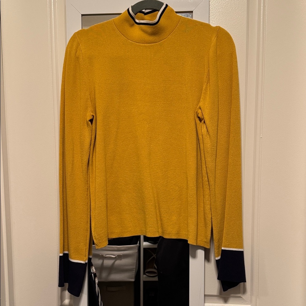Ann Taylor Mustard Yellow Long Sleeve Mock Neck Top with Navy and White trim
